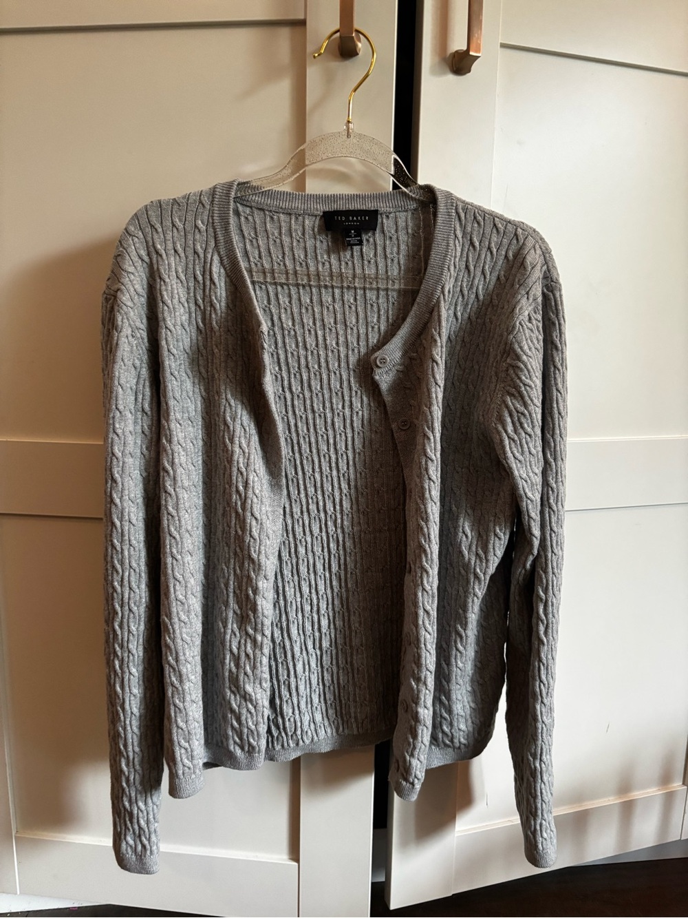 TED BAKER Light Gray Cable-Knit Women's Cardigan Size Medium Casual Minimalist